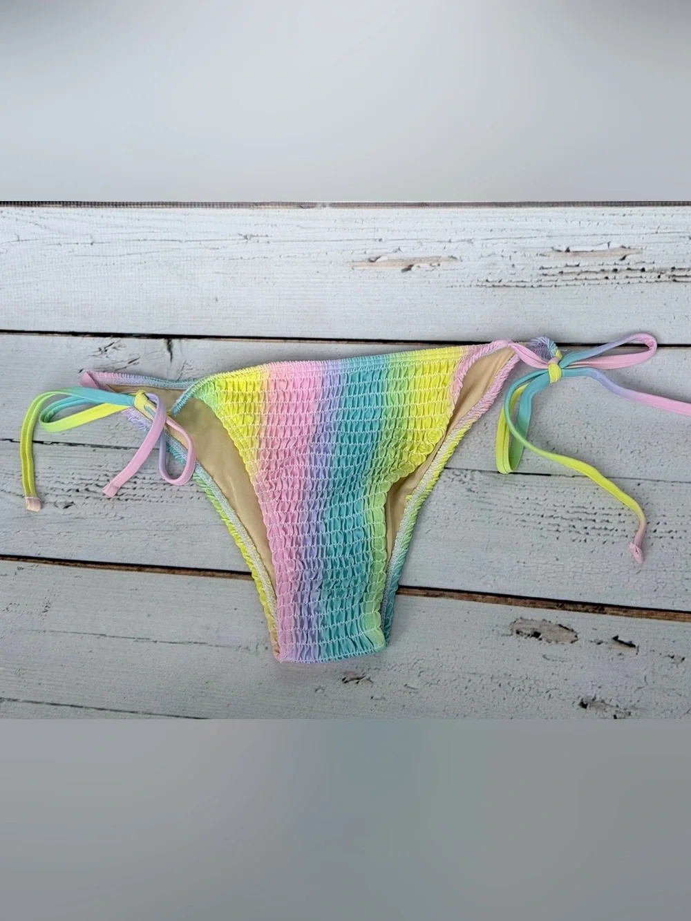 Pink Lily Coral Top with Pastel Rainbow Tie-Side Bikini Bottoms - BOTTOMS ONLY